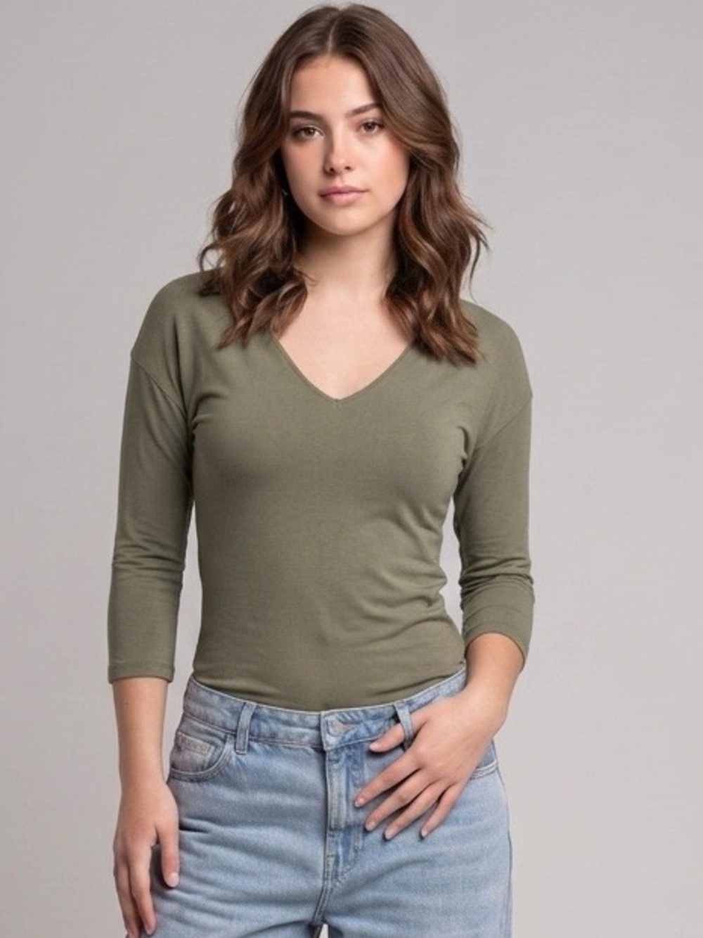 White House Black Market Olive Three-Quarter V-Neck